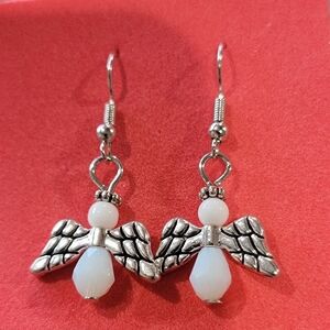 Elegant Silver Angel Earrings with White Beads. Handmade By Me. NWOT